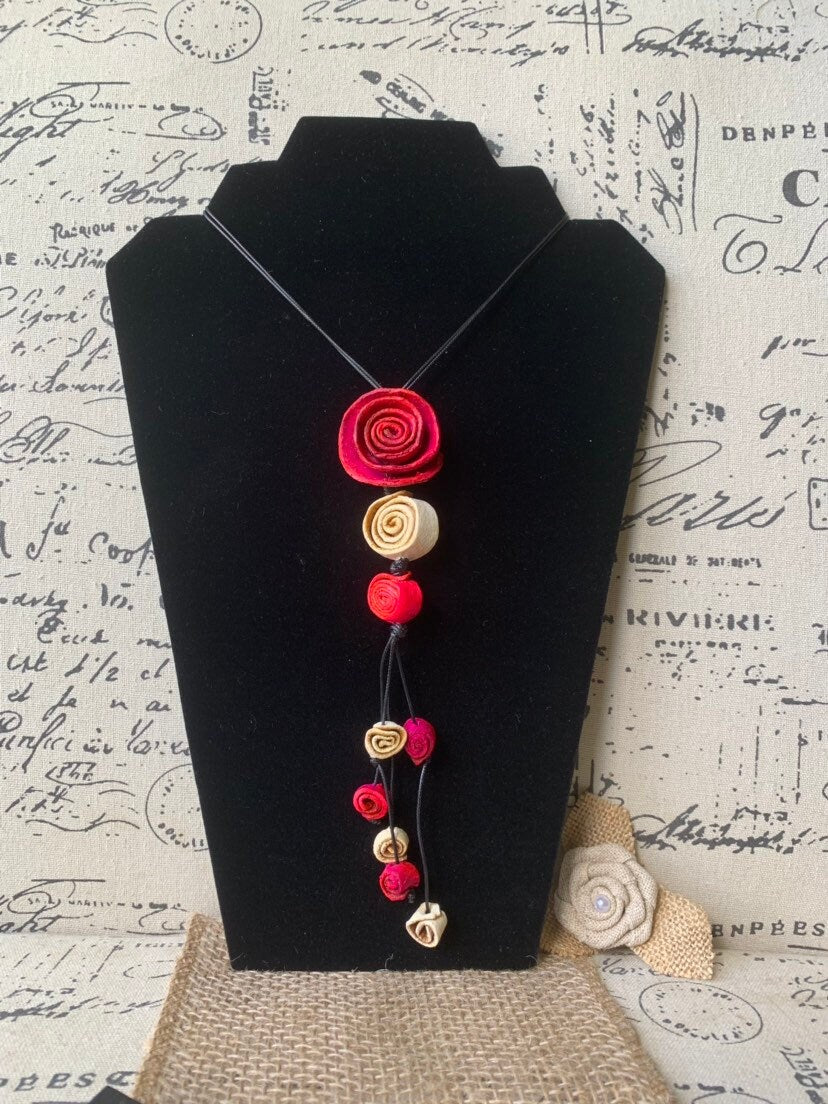 Hot pink flower pendant necklace Dainty rose necklace Floral necklace Adjustable cord Art to wear Artistic necklace Feminine artsy gifts