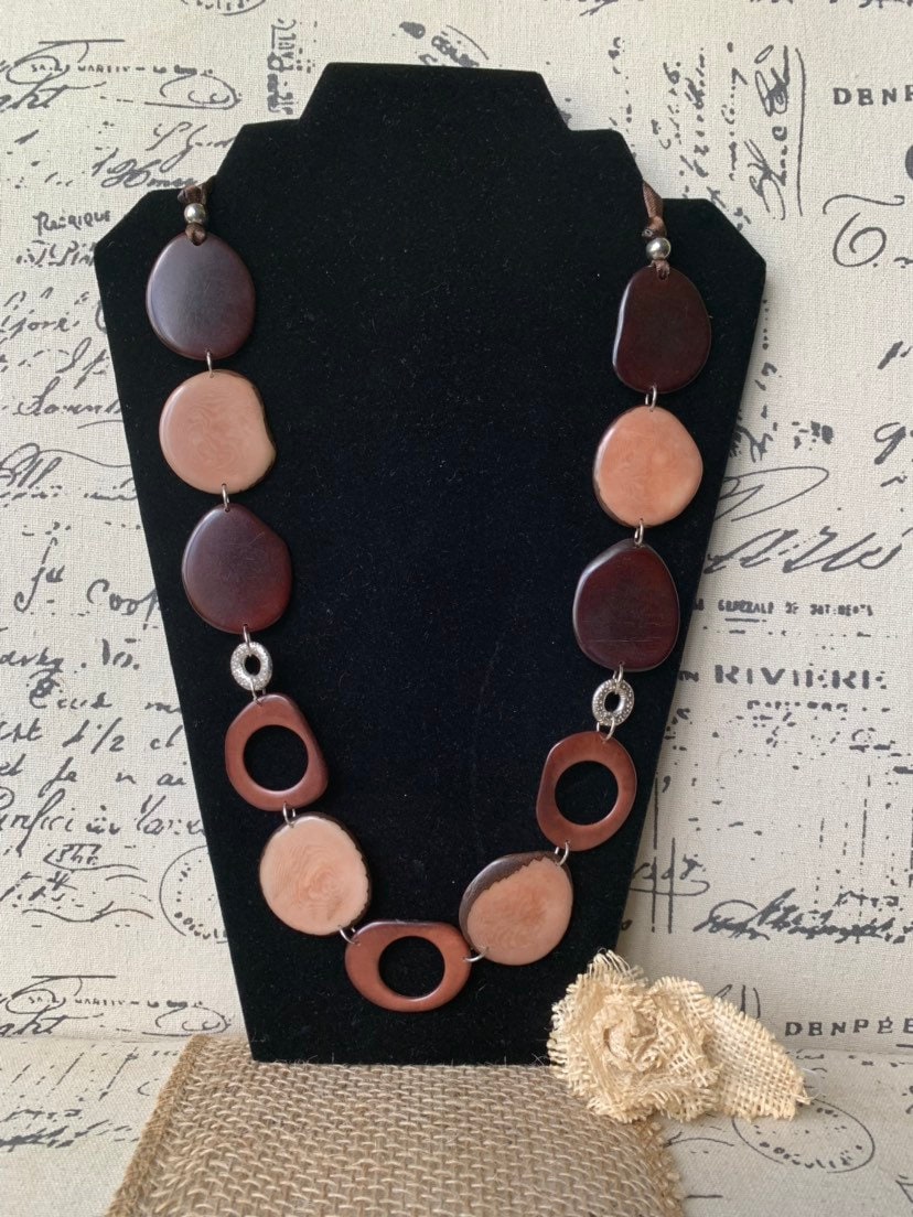 Tagua necklace Brown statement necklace Fall fashion 2025s Art to wear Big bold necklaces Lightweight necklace Wearable art Handmade beaded