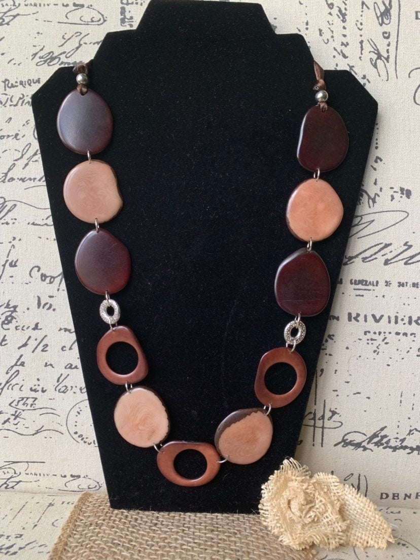 Tagua necklace Brown statement necklace Fall fashion 2025s Art to wear Big bold necklaces Lightweight necklace Wearable art Handmade beaded