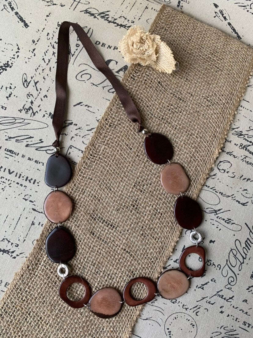 Tagua necklace Brown statement necklace Fall fashion 2025s Art to wear Big bold necklaces Lightweight necklace Wearable art Handmade beaded