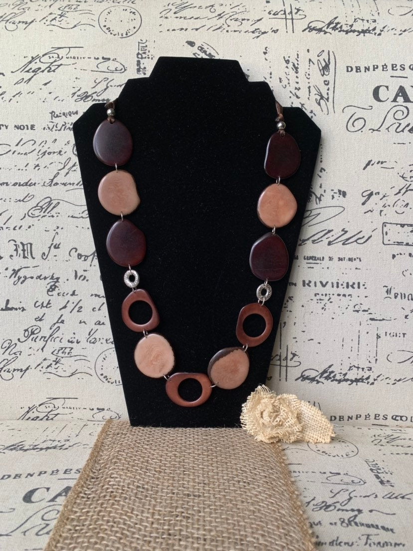 Tagua necklace Brown statement necklace Fall fashion 2025s Art to wear Big bold necklaces Lightweight necklace Wearable art Handmade beaded
