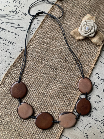 Brown statement necklace Adjustable cord Tagua jewelry Simple beaded necklace Wearable art Fall fashion 2025s Handmade Art to wear