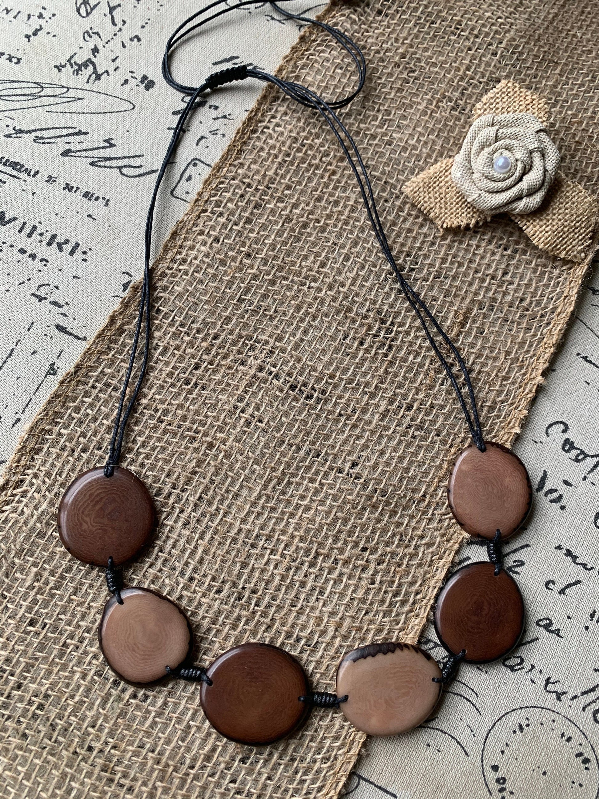 Brown statement necklace Adjustable cord Tagua jewelry Simple beaded necklace Wearable art Fall fashion 2025s Handmade Art to wear