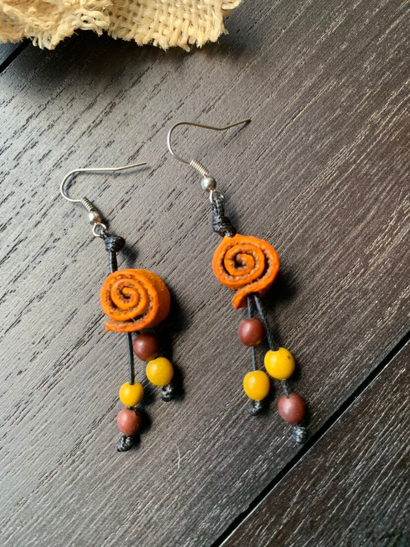 Orange Peel Rose Earrings: Tagua Seed Dangle Drop Floral Jewelry