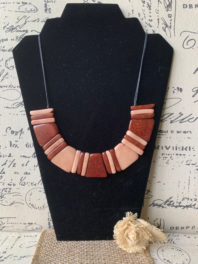 Brown bib necklace Tagua jewelry Fall fashion Artisan handmade necklace Adjustable cord Wearable art Art to wear Summer fashion