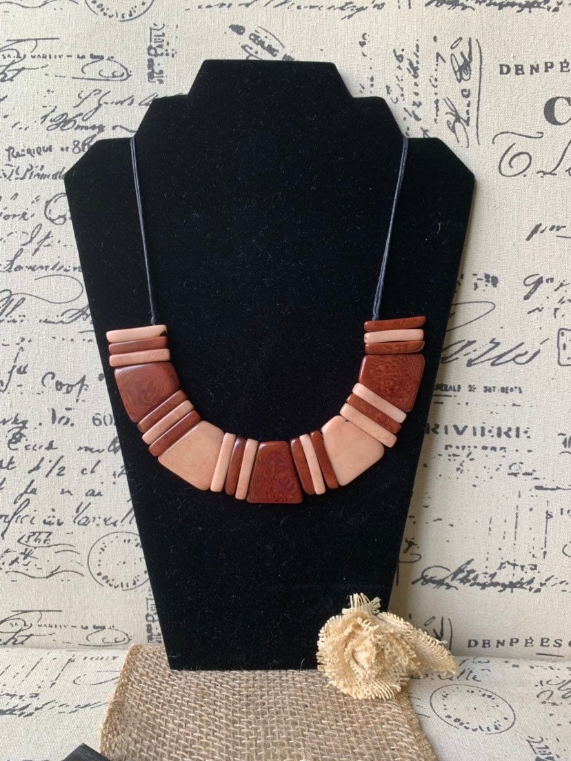 Brown bib necklace Tagua jewelry Fall fashion Artisan handmade necklace Adjustable cord Wearable art Art to wear Summer fashion