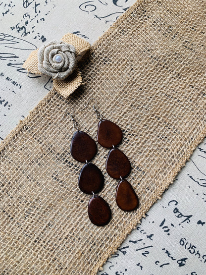 Brown earrings Fashion jewelry Extra long tagua earrings Mothers day gifts Chunky beaded drops Statement dangles Boho mod style Art to wear