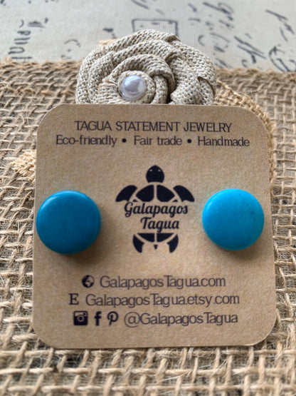Turquoise blue stud earrings Geometric round studs Statement jewelry Tagua jewelry Plain Button earrings Fall fashion Wearable art