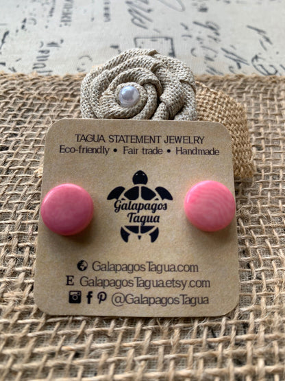 Pink stud earrings Tagua jewelry Fall fashion trends Geometric post Artisan handmade Cute colorful organic studs for girls Wearable art