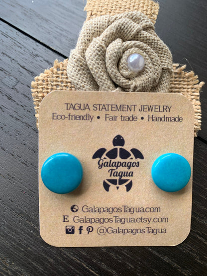 Turquoise blue stud earrings Geometric round studs Statement jewelry Tagua jewelry Plain Button earrings Fall fashion Wearable art