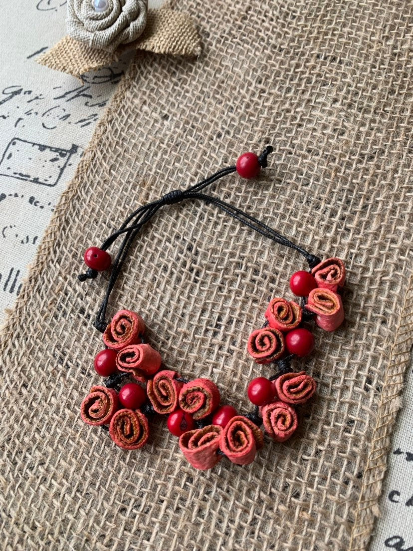 Statement Bracelet Flower adjustable cord bracelet Fall fashion trends Orange peel and acai seeds handmade bracelet Roses bangle
