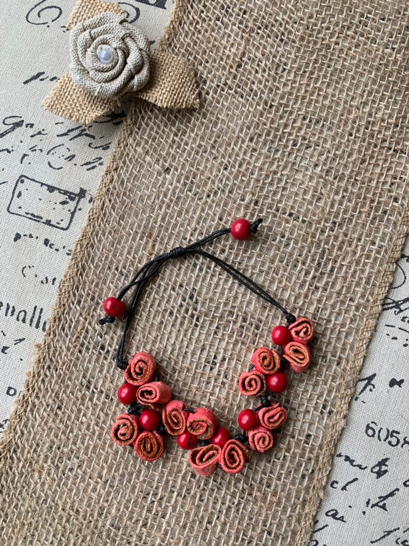 Statement Bracelet Flower adjustable cord bracelet Fall fashion trends Orange peel and acai seeds handmade bracelet Roses bangle