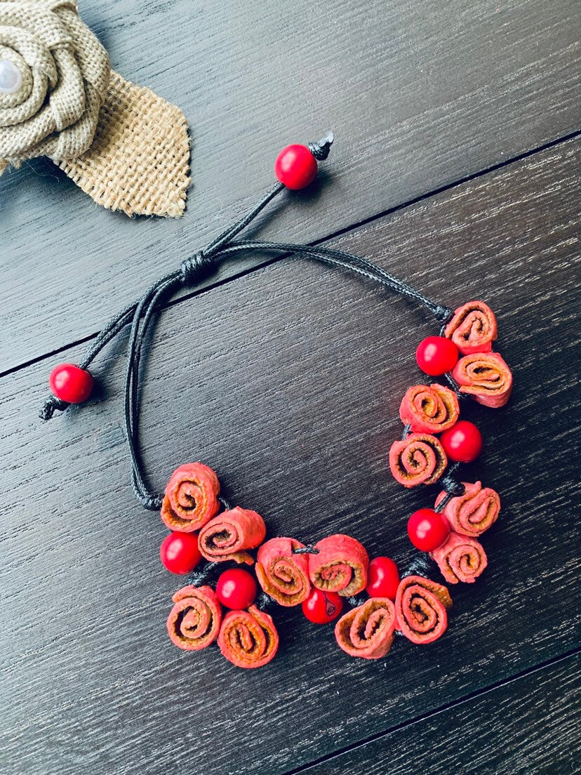 Statement Bracelet Flower adjustable cord bracelet Fall fashion trends Orange peel and acai seeds handmade bracelet Roses bangle