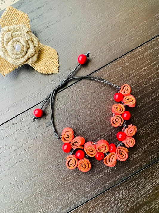 Statement Bracelet Flower adjustable cord bracelet Fall fashion trends Orange peel and acai seeds handmade bracelet Roses bangle