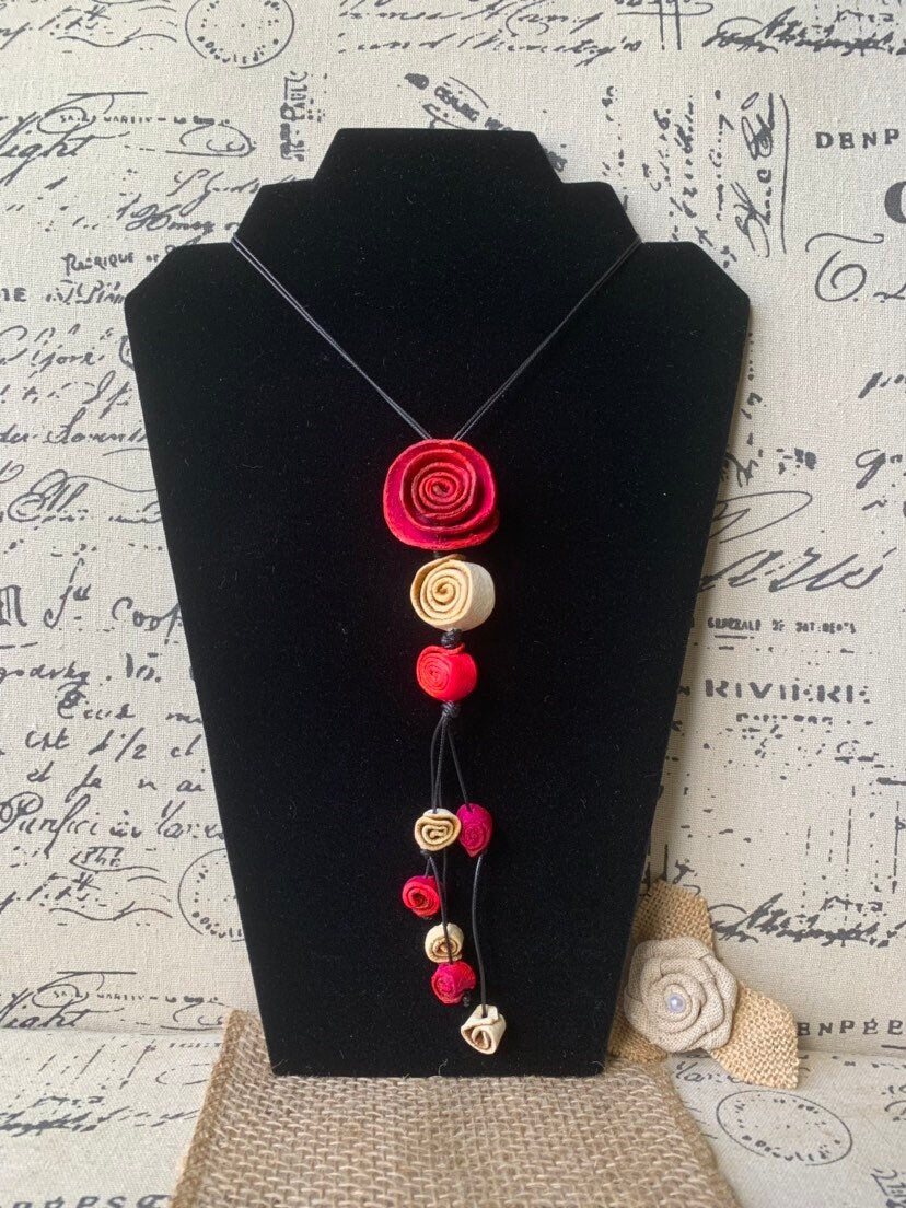 Hot pink flower pendant necklace Dainty rose necklace Floral necklace Adjustable cord Art to wear Artistic necklace Feminine artsy gifts