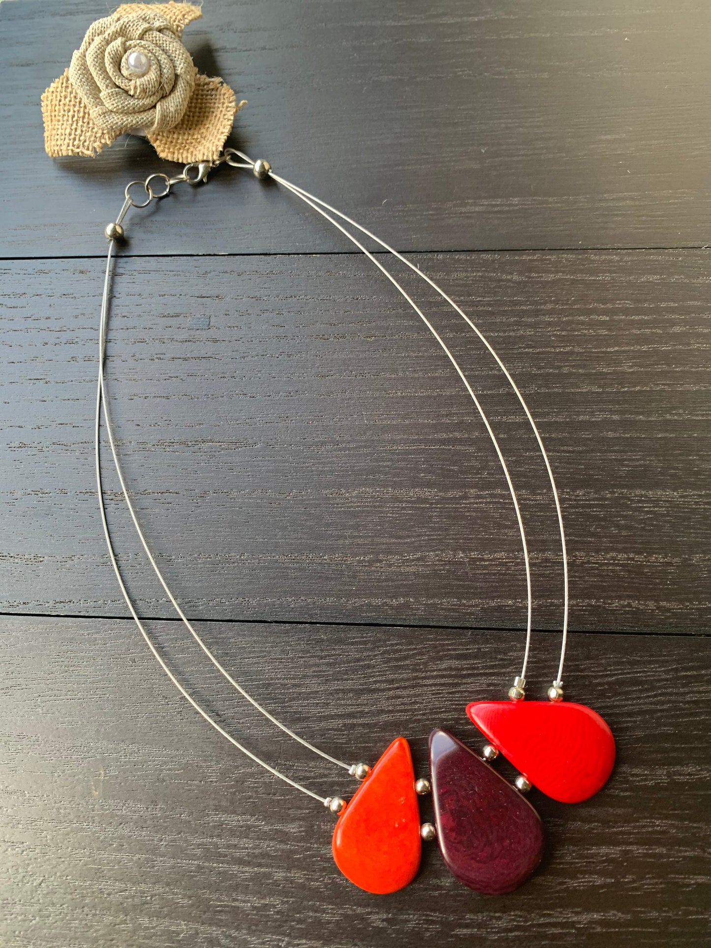 Red and maroon teardrop necklace Tagua jewelry Fall fashion 2025s Beach fashion Wearable art Handmade beaded necklace Statement pendant