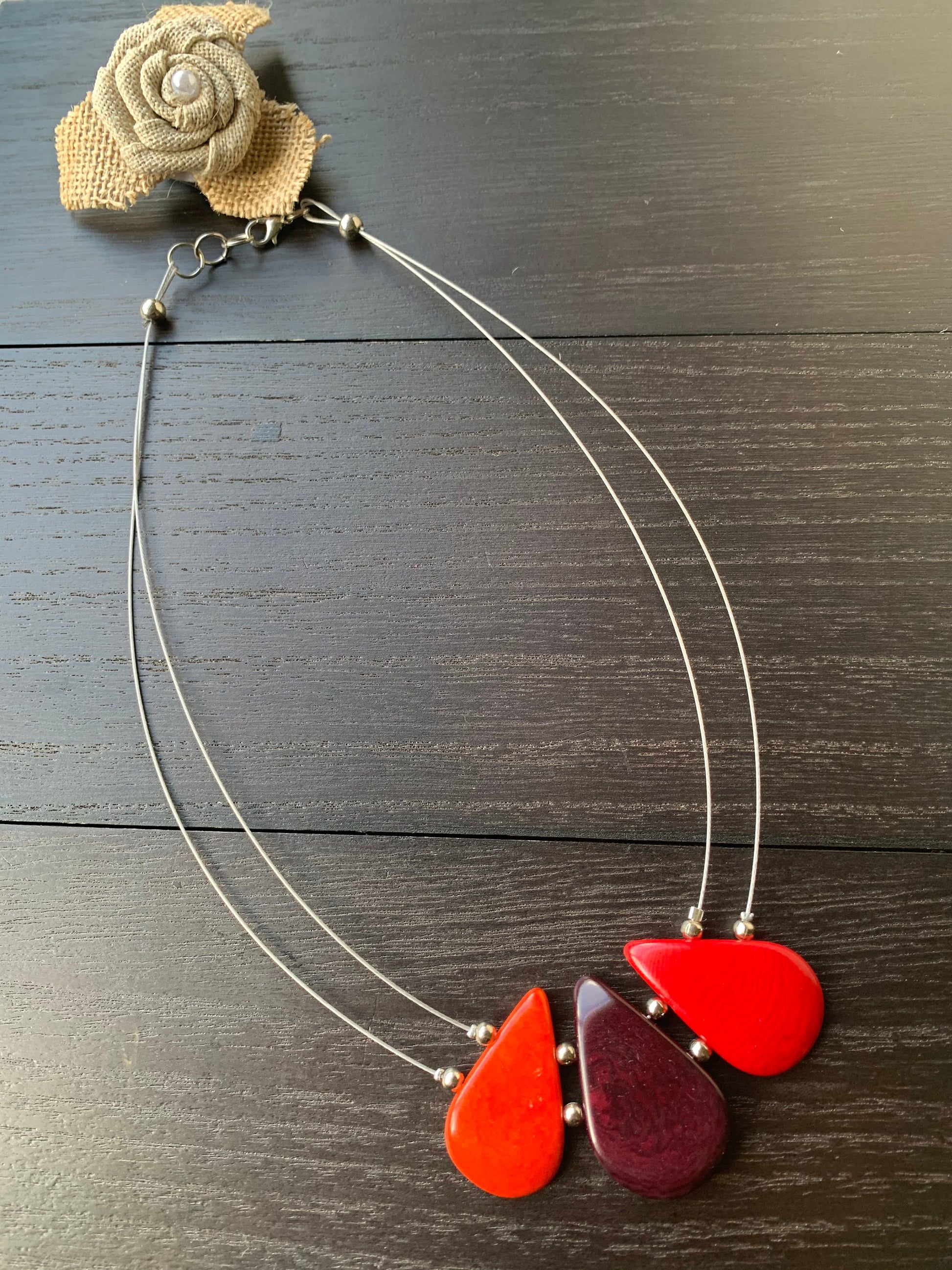 Red and maroon teardrop necklace Tagua jewelry Fall fashion 2025s Beach fashion Wearable art Handmade beaded necklace Statement pendant
