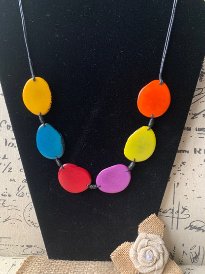 Rainbow statement necklace Tagua necklace Multi color necklace Adjustable cord Artsy gifts Simple necklaces for women Pride jewelry