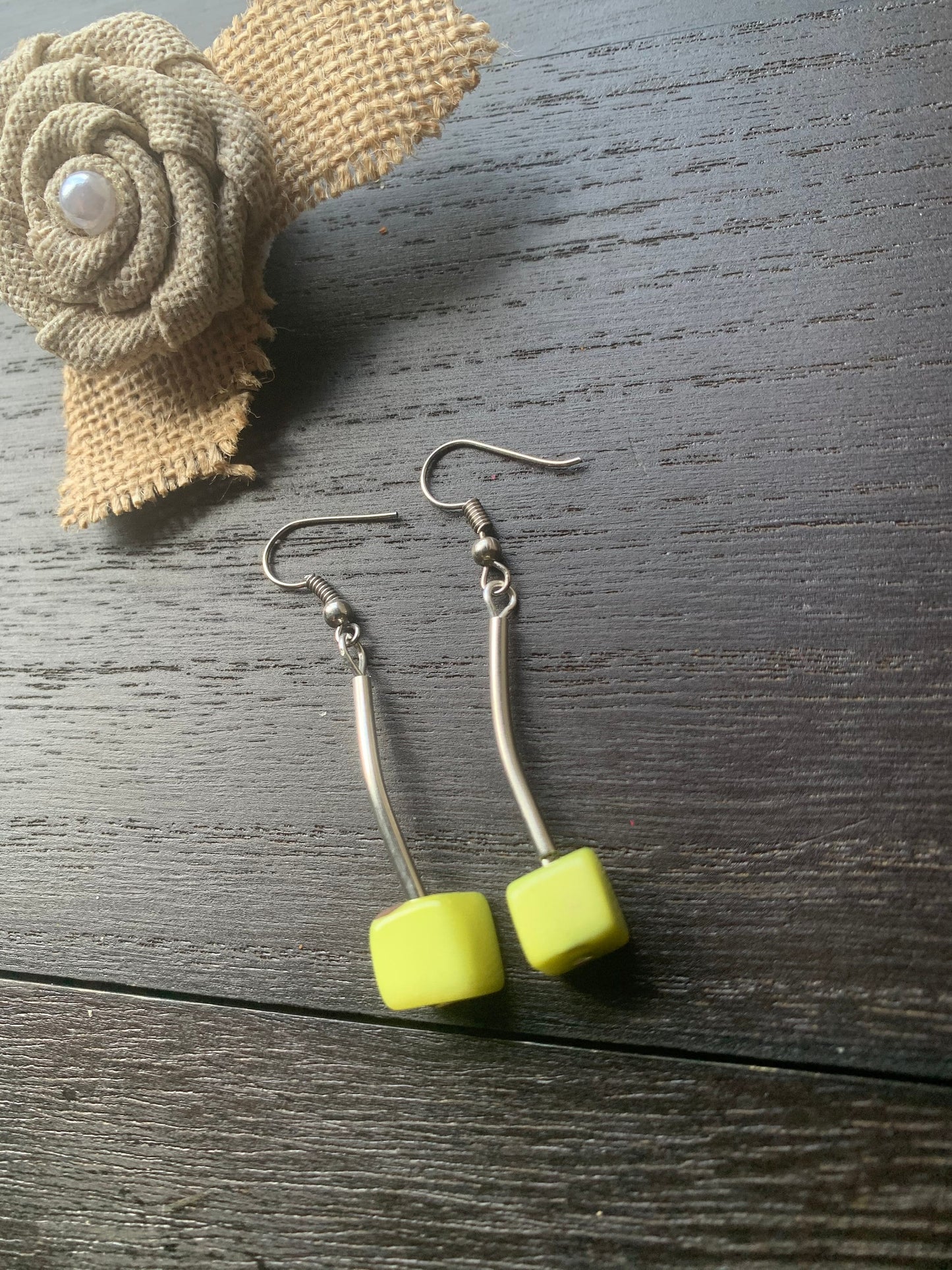Apple green earrings Tagua jewelry Geometric dangly drop earrings Artsy gifts Square bead earrings Hypoallergenic Fall fashion 2025s