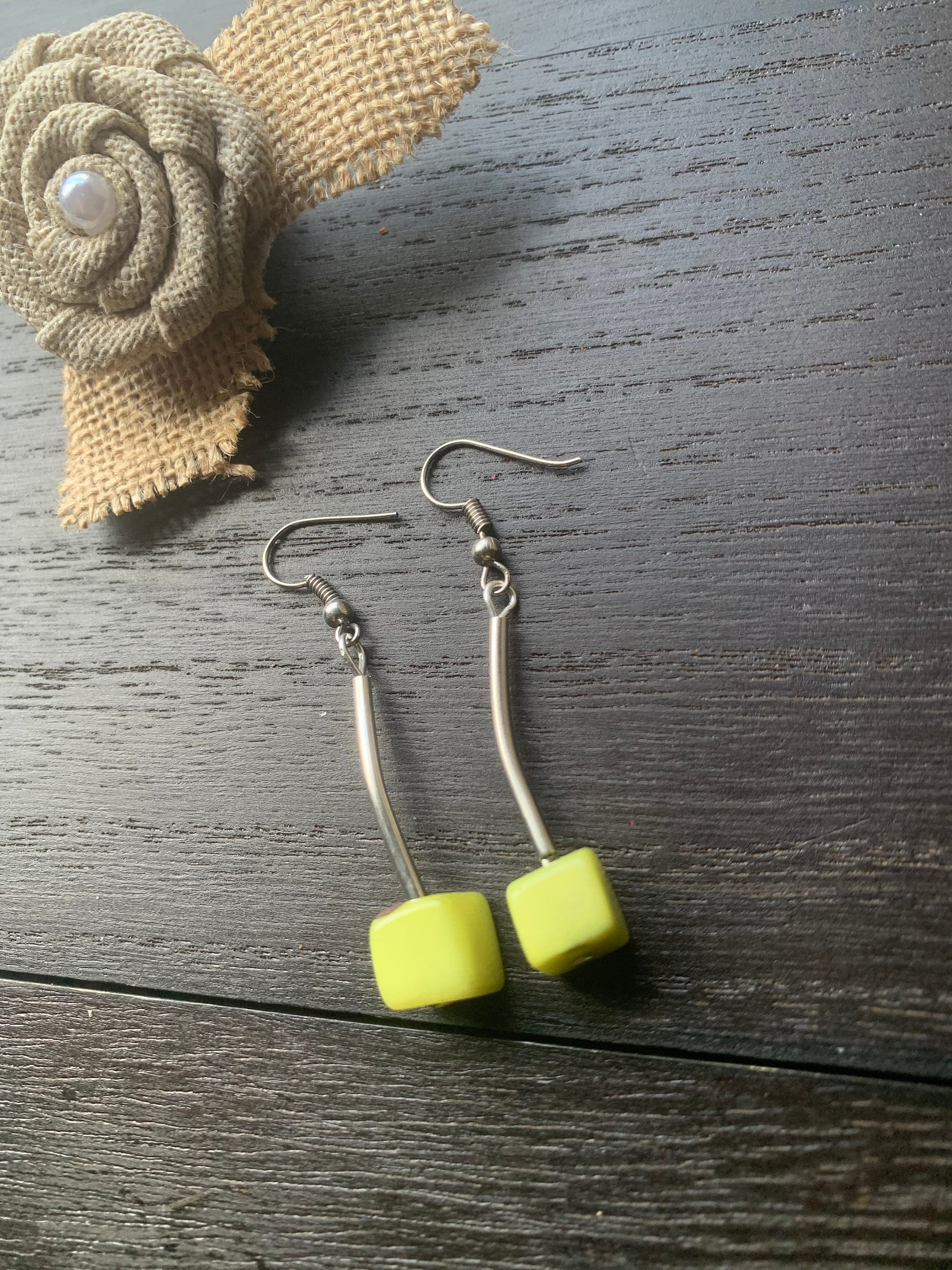 Apple green earrings Tagua jewelry Geometric dangly drop earrings Artsy gifts Square bead earrings Hypoallergenic Fall fashion 2025s