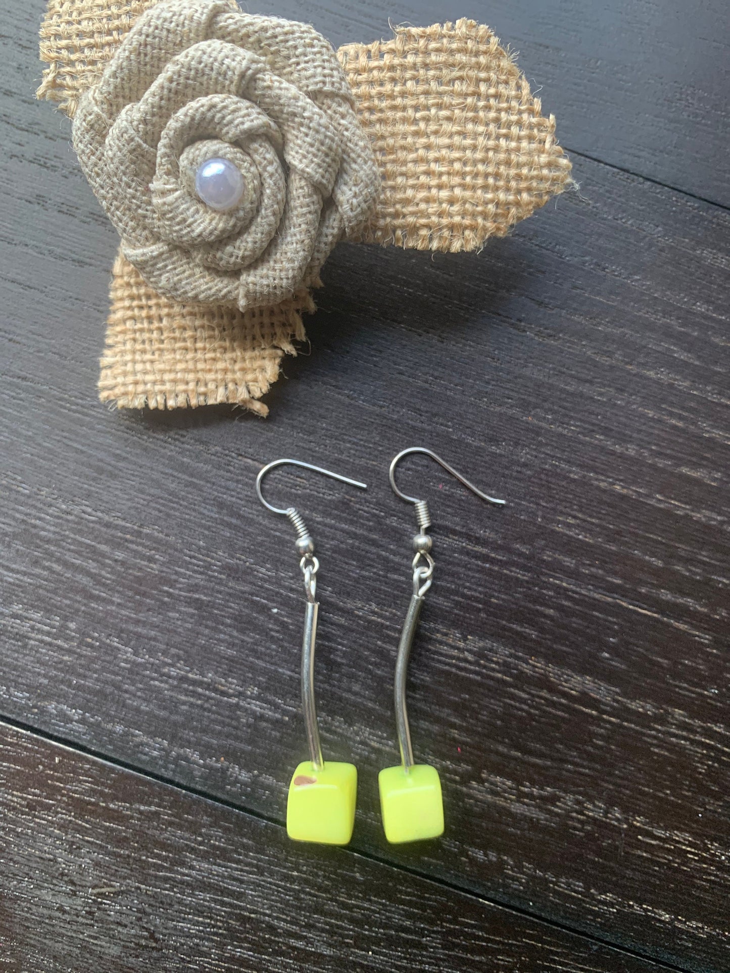 Apple green earrings Tagua jewelry Geometric dangly drop earrings Artsy gifts Square bead earrings Hypoallergenic Fall fashion 2025s