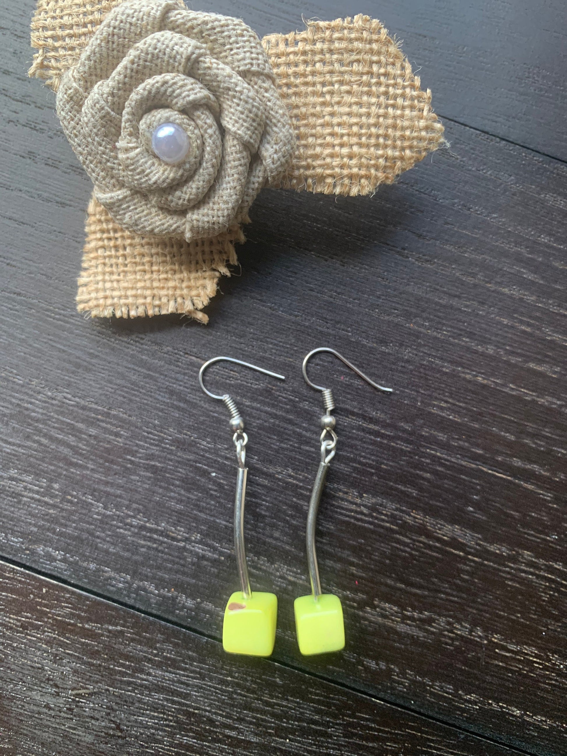 Apple green earrings Tagua jewelry Geometric dangly drop earrings Artsy gifts Square bead earrings Hypoallergenic Fall fashion 2025s