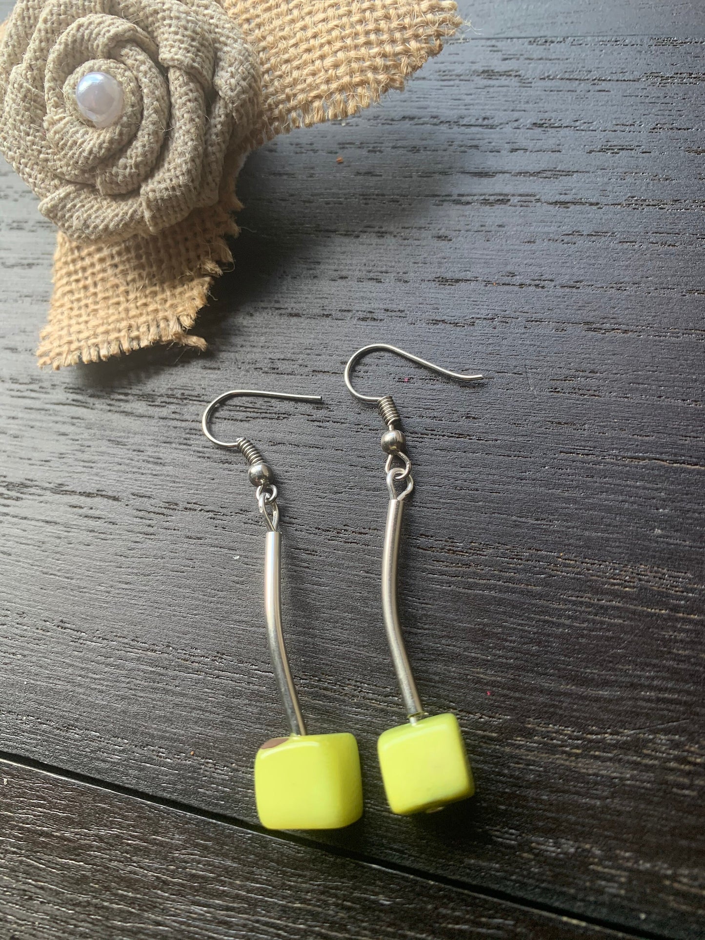 Apple green earrings Tagua jewelry Geometric dangly drop earrings Artsy gifts Square bead earrings Hypoallergenic Fall fashion 2025s