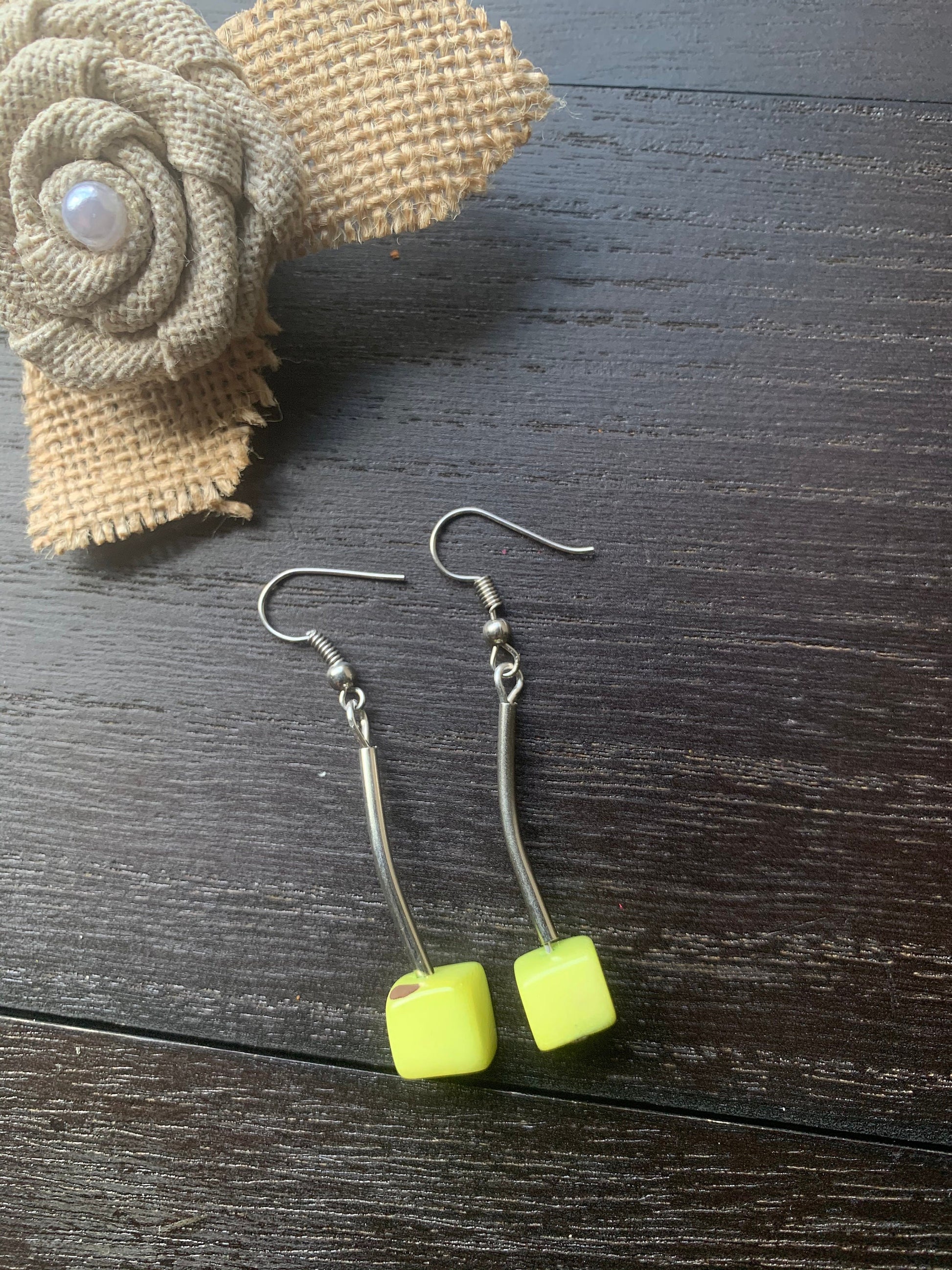 Apple green earrings Tagua jewelry Geometric dangly drop earrings Artsy gifts Square bead earrings Hypoallergenic Fall fashion 2025s