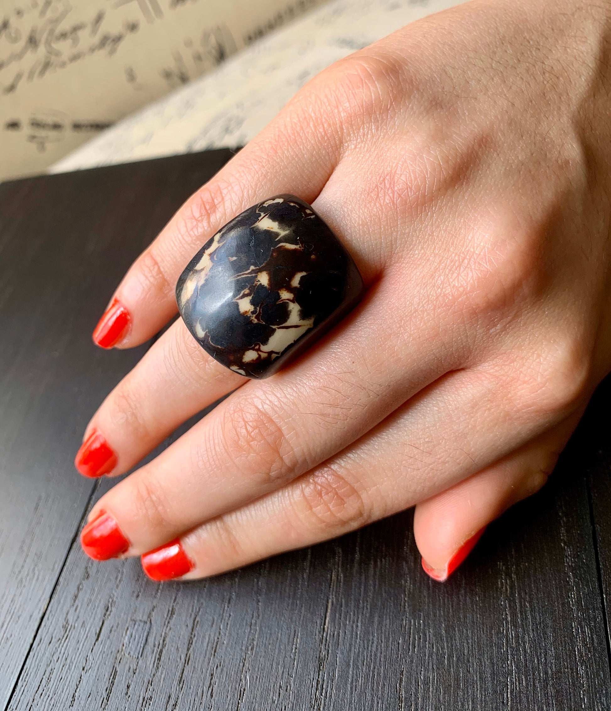 Black statement cocktail Tagua Ring Big bold dramatic rings Unusual jewelry Oversized Anniversary gifts Fashion rings Summer beach fashion