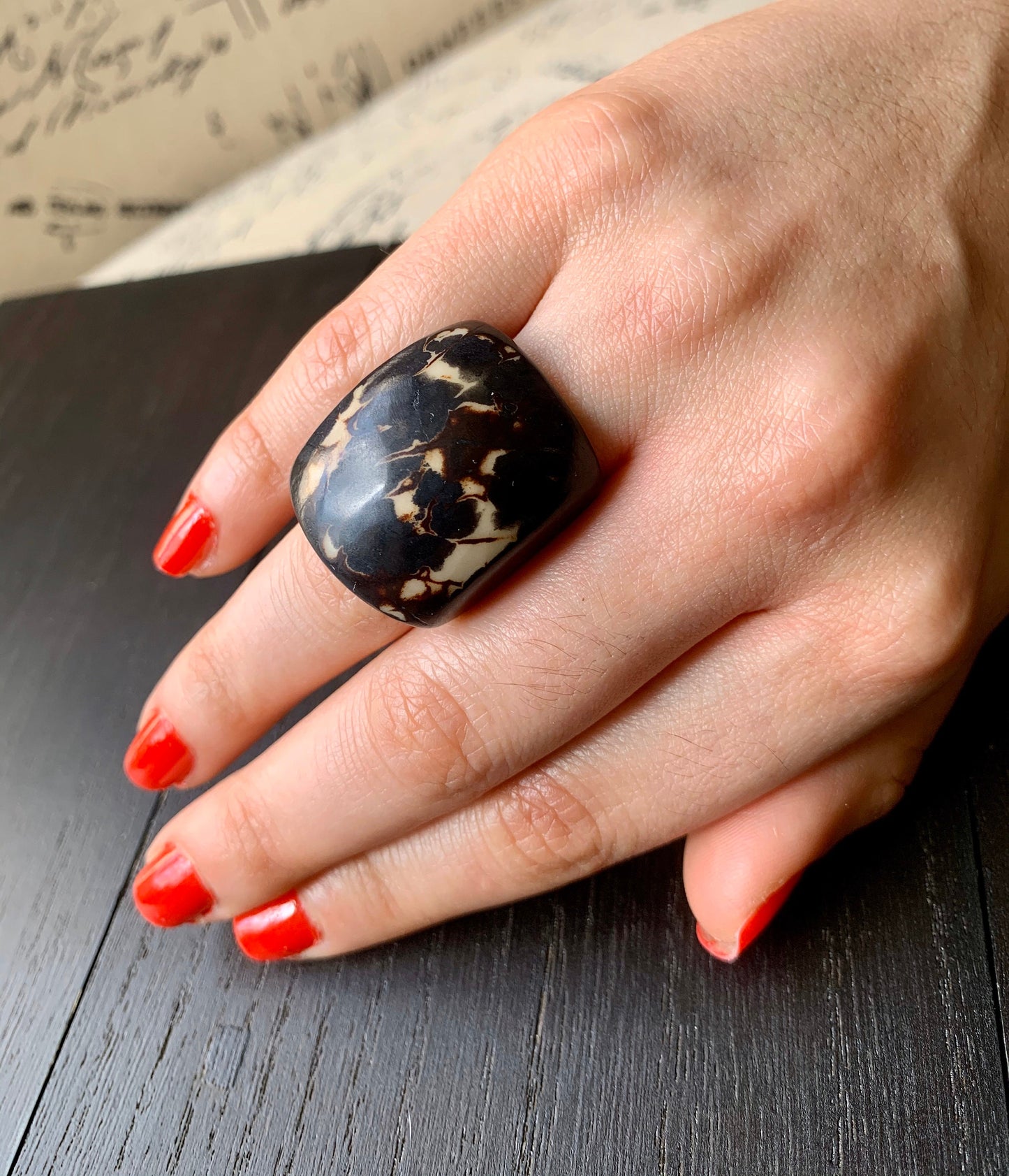 Black statement cocktail ring Tagua Ring Big bold dramatic rings Oversized Fashion ring Elegant chunky ring Hand carved ring Aesthetic rings