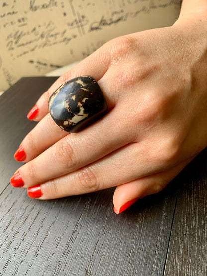 Black statement cocktail Tagua Ring Big bold dramatic rings Unusual jewelry Oversized Anniversary gifts Fashion rings Summer beach fashion