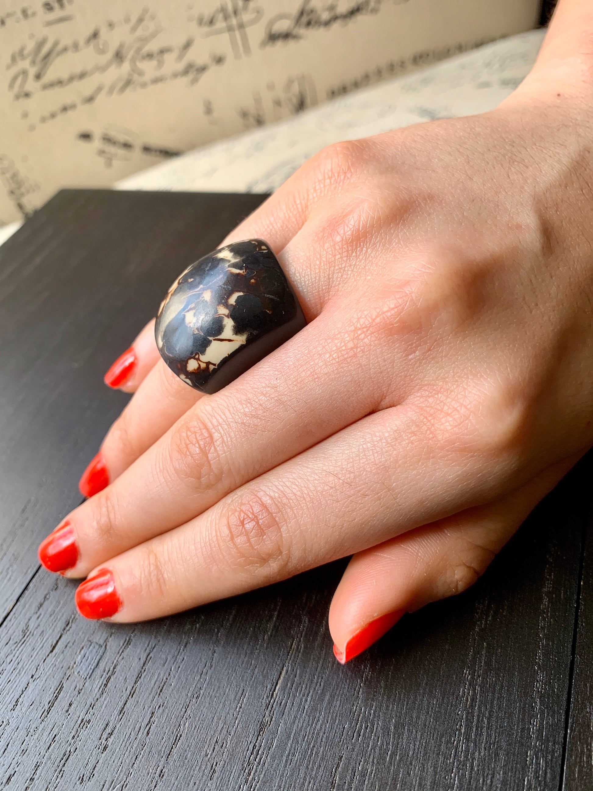 Black statement cocktail Tagua Ring Big bold dramatic rings Unusual jewelry Oversized Anniversary gifts Fashion rings Summer beach fashion