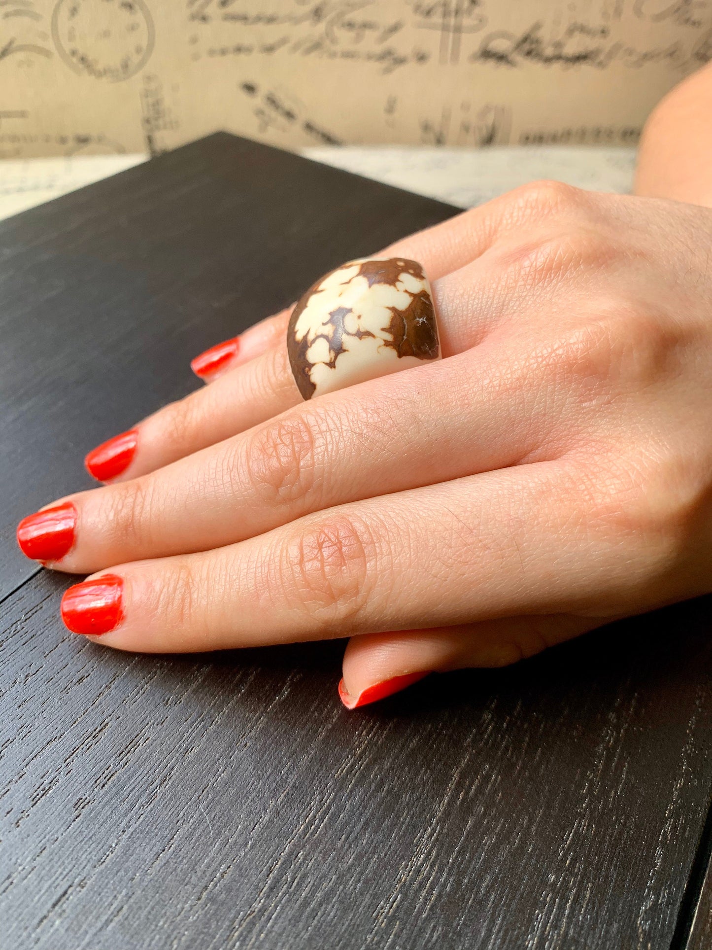 White statement Tagua nut Ring Cocktail rings for women Unusual jewelry Bold and large Contemporary fashion Oversized beads Stocking stuffer