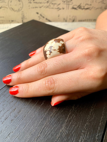 White statement Tagua nut Ring Cocktail rings for women Unusual jewelry Bold and large Contemporary fashion Oversized beads Stocking stuffer