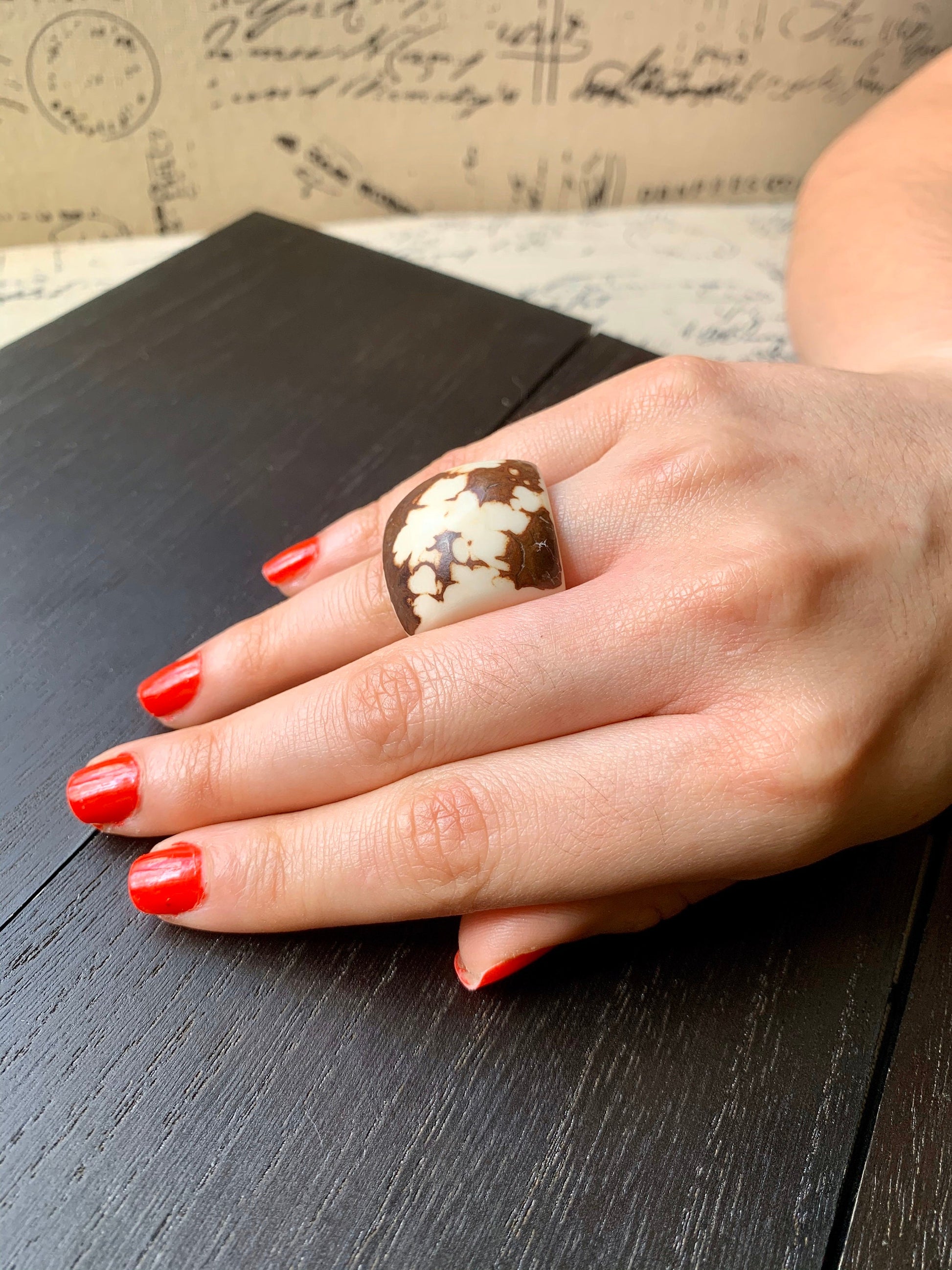 White statement Tagua nut Ring Cocktail rings for women Unusual jewelry Bold and large Contemporary fashion Oversized beads Stocking stuffer