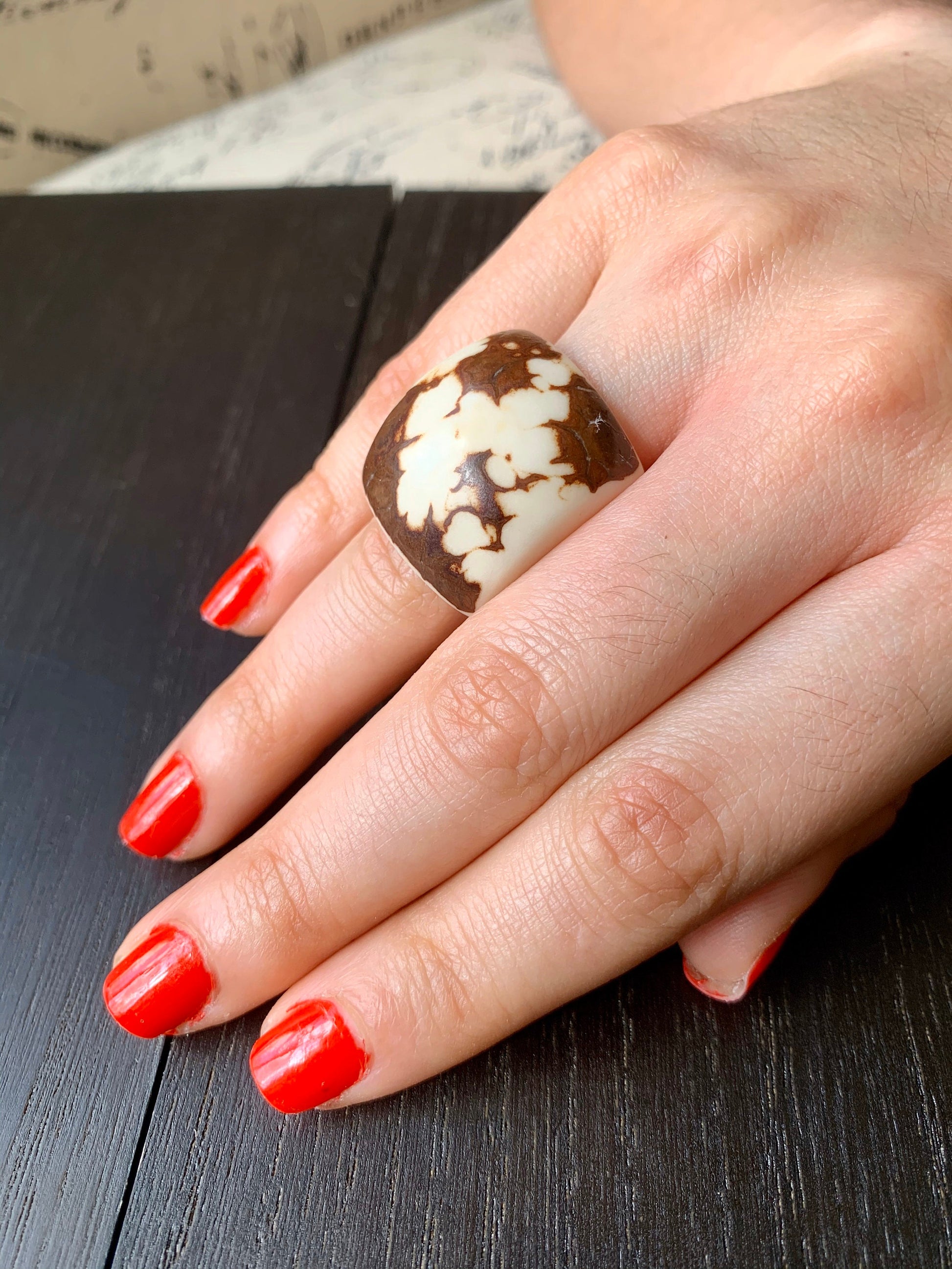 White statement Tagua nut Ring Cocktail rings for women Unusual jewelry Bold and large Contemporary fashion Oversized beads Stocking stuffer