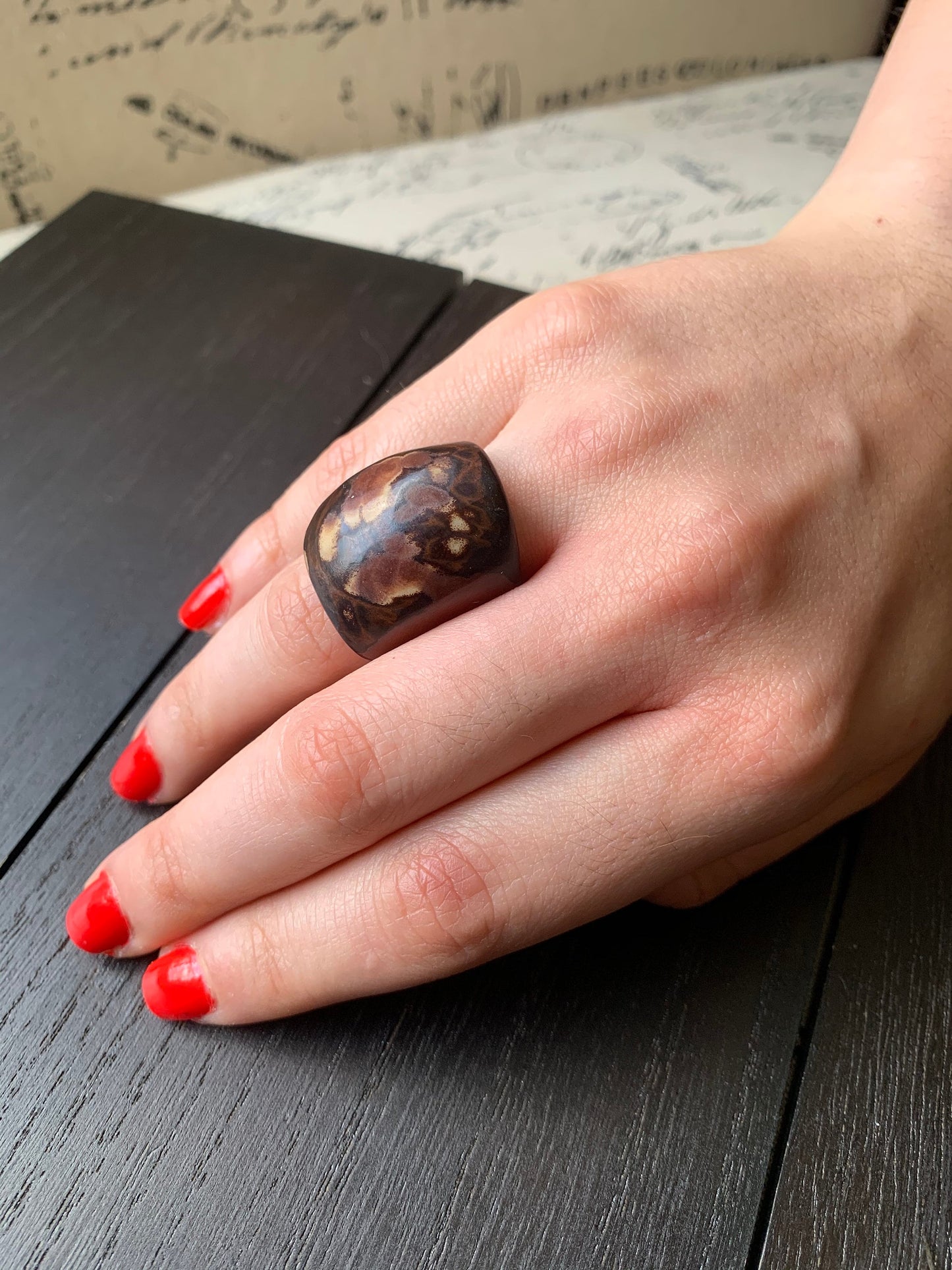 Elegant brown ring Tagua nut jewelry Cocktail rings Wide band ring Statement cuff ring Contemporary beaded ring Wide band rings Handcrafted