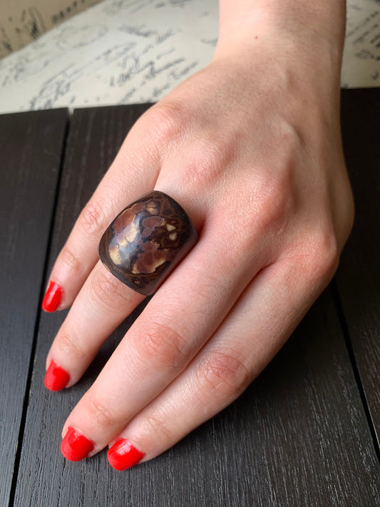 Elegant brown ring Tagua nut jewelry Cocktail rings Wide band ring Statement cuff ring Contemporary beaded ring Wide band rings Handcrafted