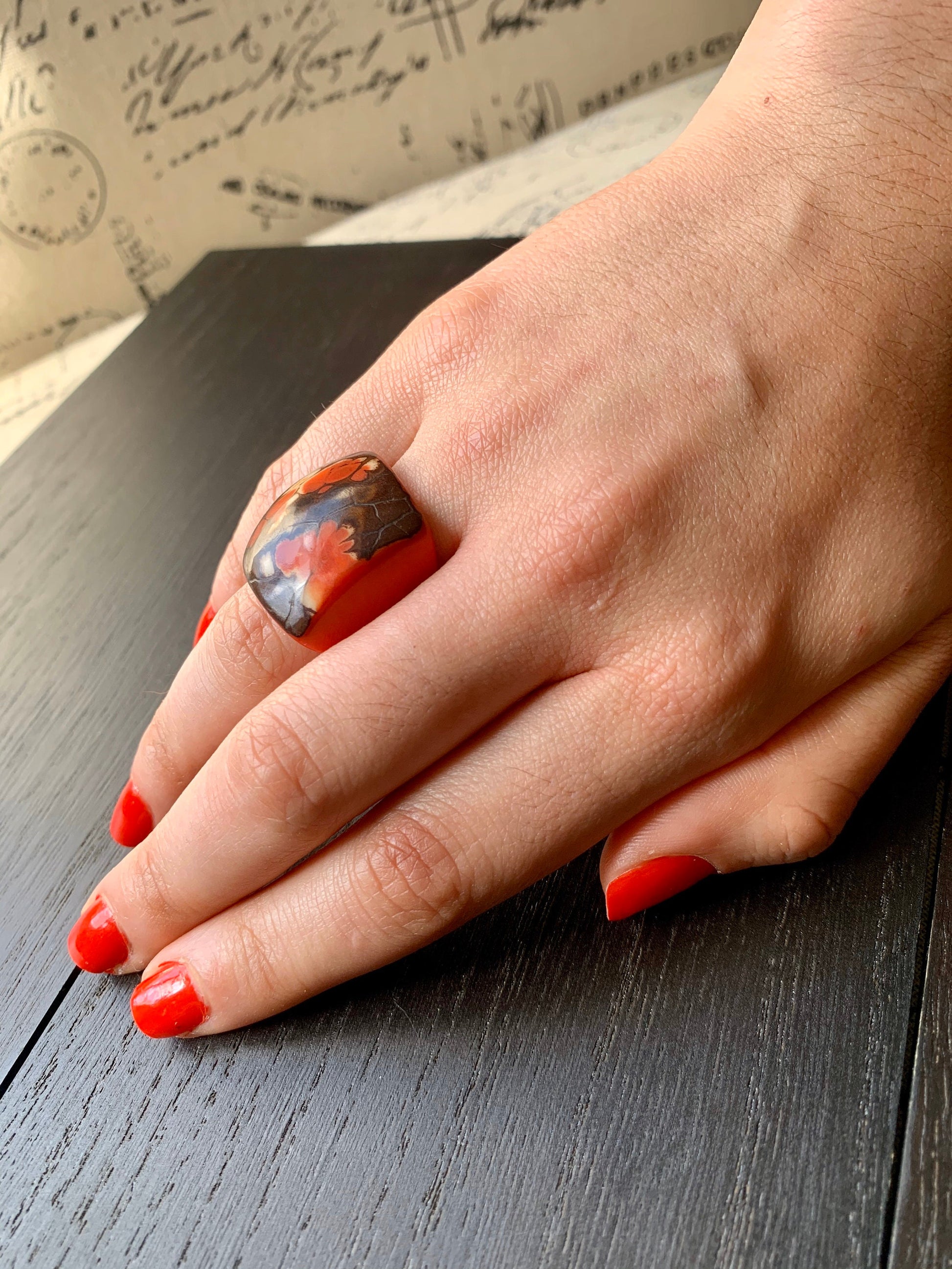 Red statement Tagua nut Ring Unusual jewelry Big cocktail ring Large geometric Artisan handmade beads Oversized fashion woman ring For Beach