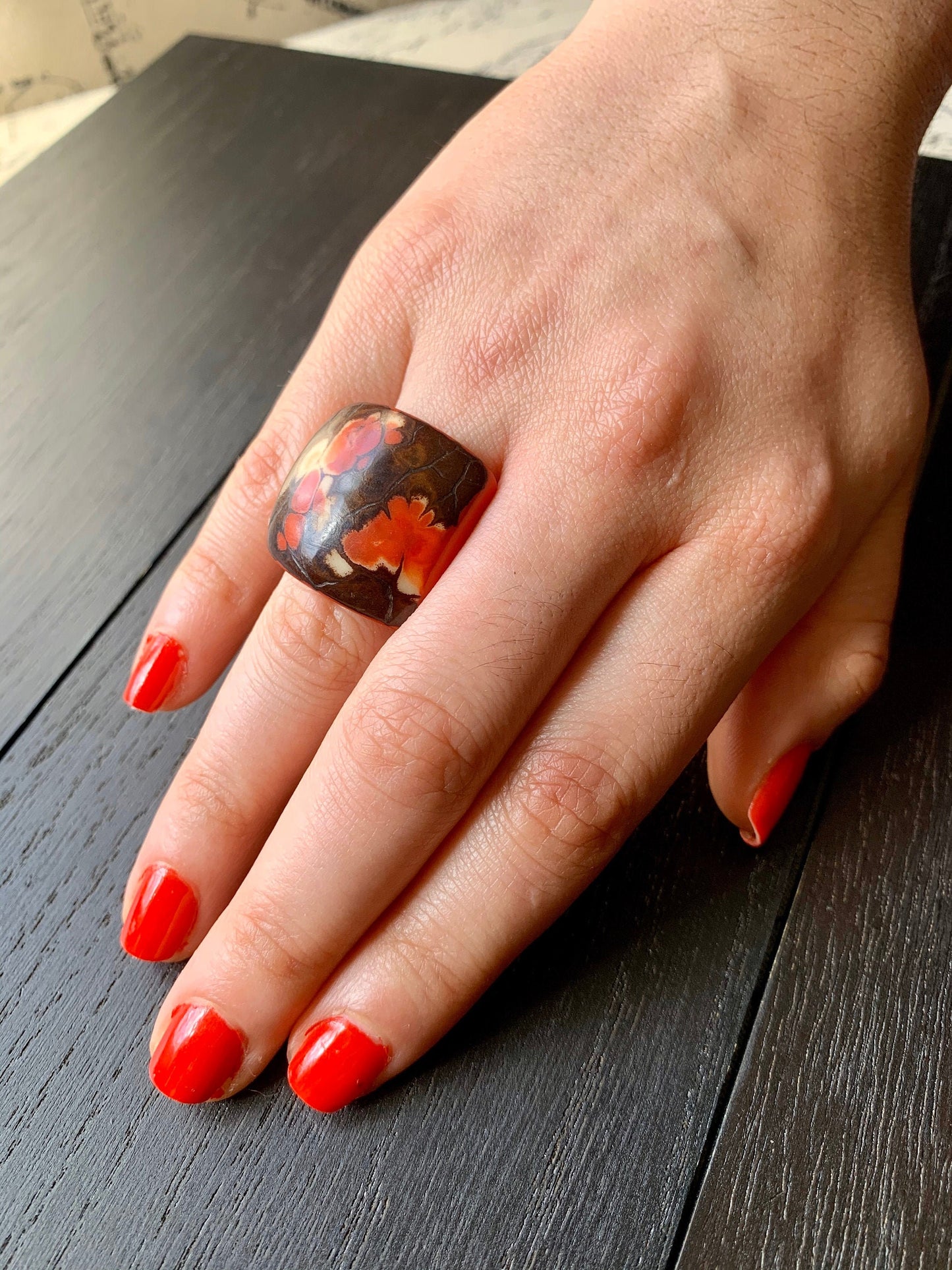 Red statement Tagua nut Ring Unusual jewelry Big cocktail ring Large geometric Artisan handmade beads Oversized fashion woman ring For Beach