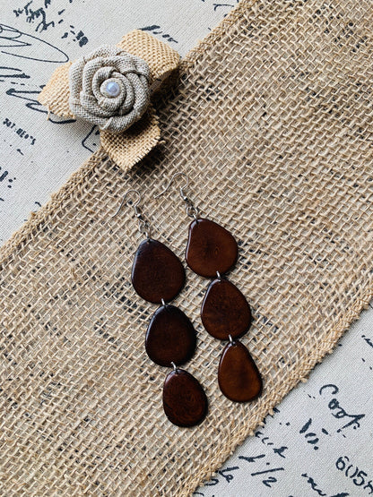 Brown earrings Fashion jewelry Extra long tagua earrings Mothers day gifts Chunky beaded drops Statement dangles Boho mod style Art to wear