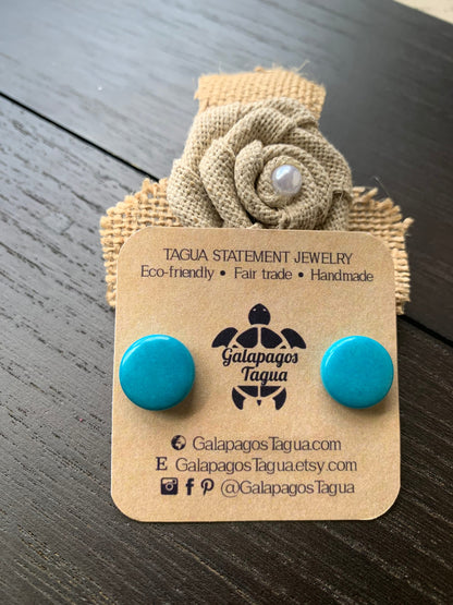 Turquoise blue stud earrings Geometric round studs Statement jewelry Tagua jewelry Plain Button earrings Fall fashion Wearable art