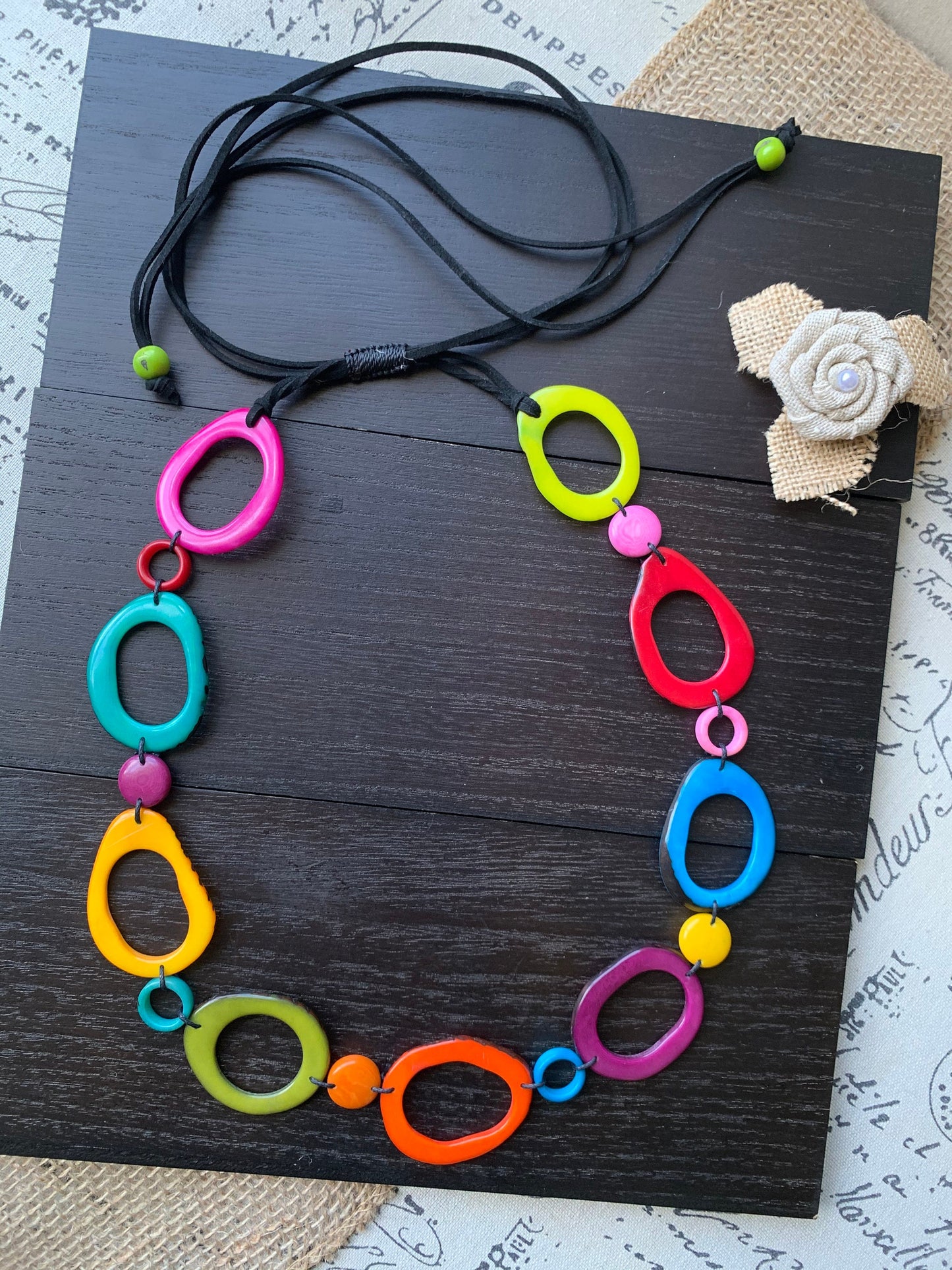 Rainbow statement necklace Tagua jewelry Adjustable cord Fall fashion Wearable art Multi color beaded necklace Pride jewelry Artsy gifts