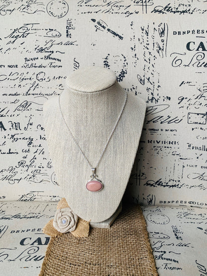 925 Sterling Silver chain with Pendant with Pink Tagua Oval Cabochon Statement fine jewelry Dainty necklace Anniversary gifts for wife mom