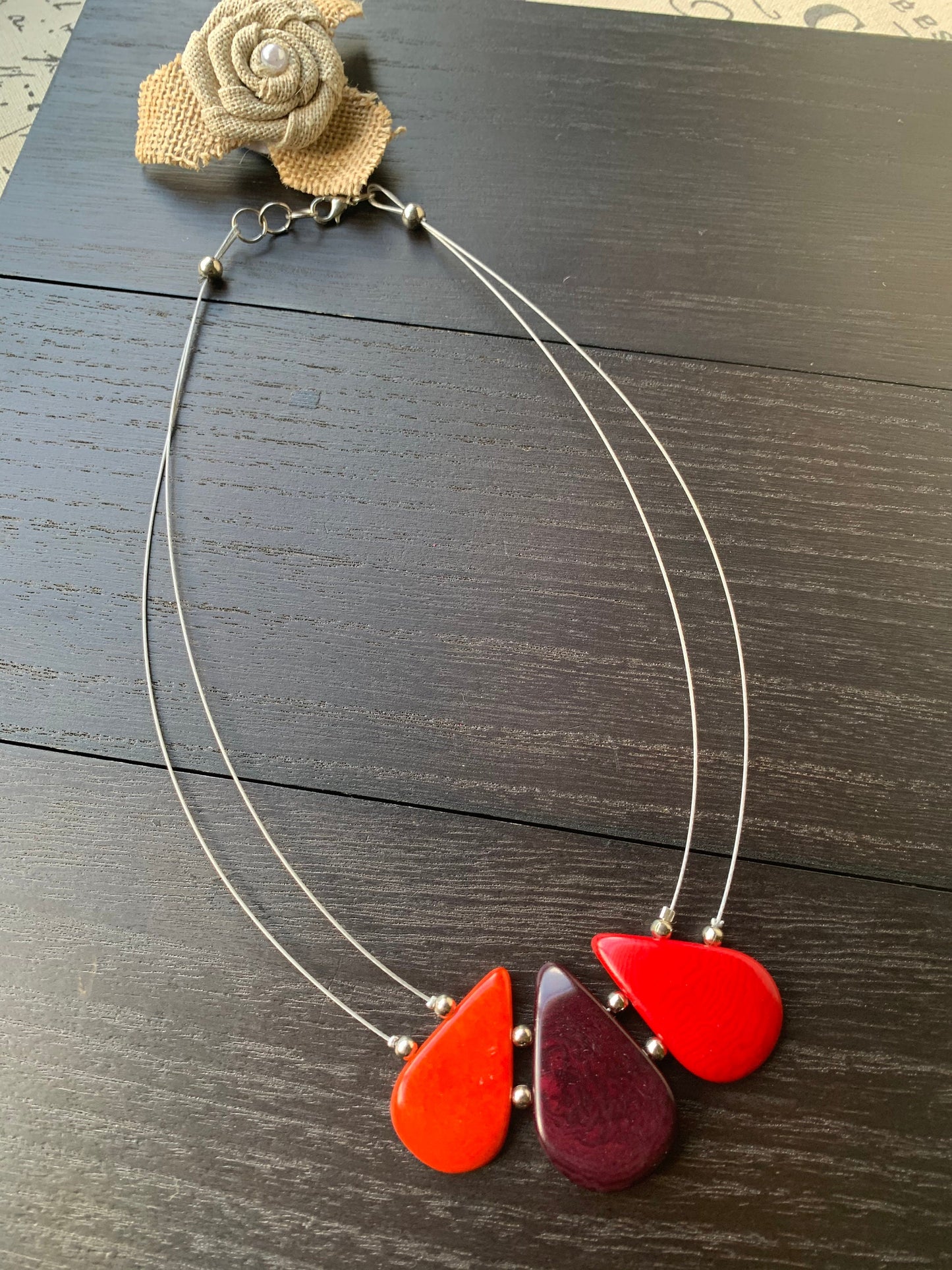 Red and maroon teardrop necklace Tagua jewelry Fall fashion 2025s Beach fashion Wearable art Handmade beaded necklace Statement pendant