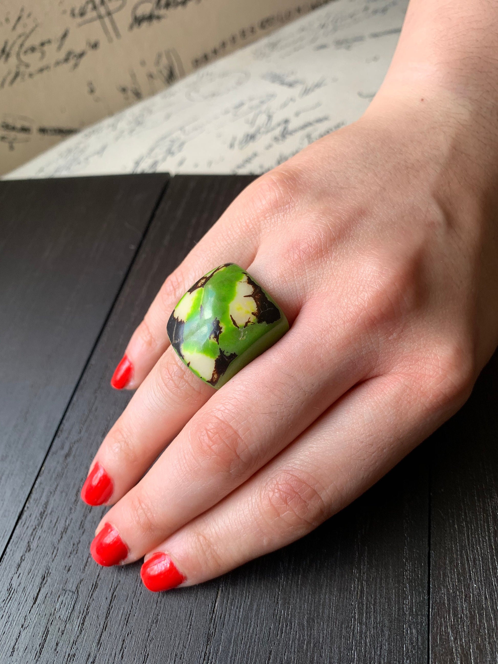 Green statement cocktail ring Tagua nut jewelry Big bold dramatic ring Beach wedding Anniversary gifts Huge oversized rings Artisan handmade