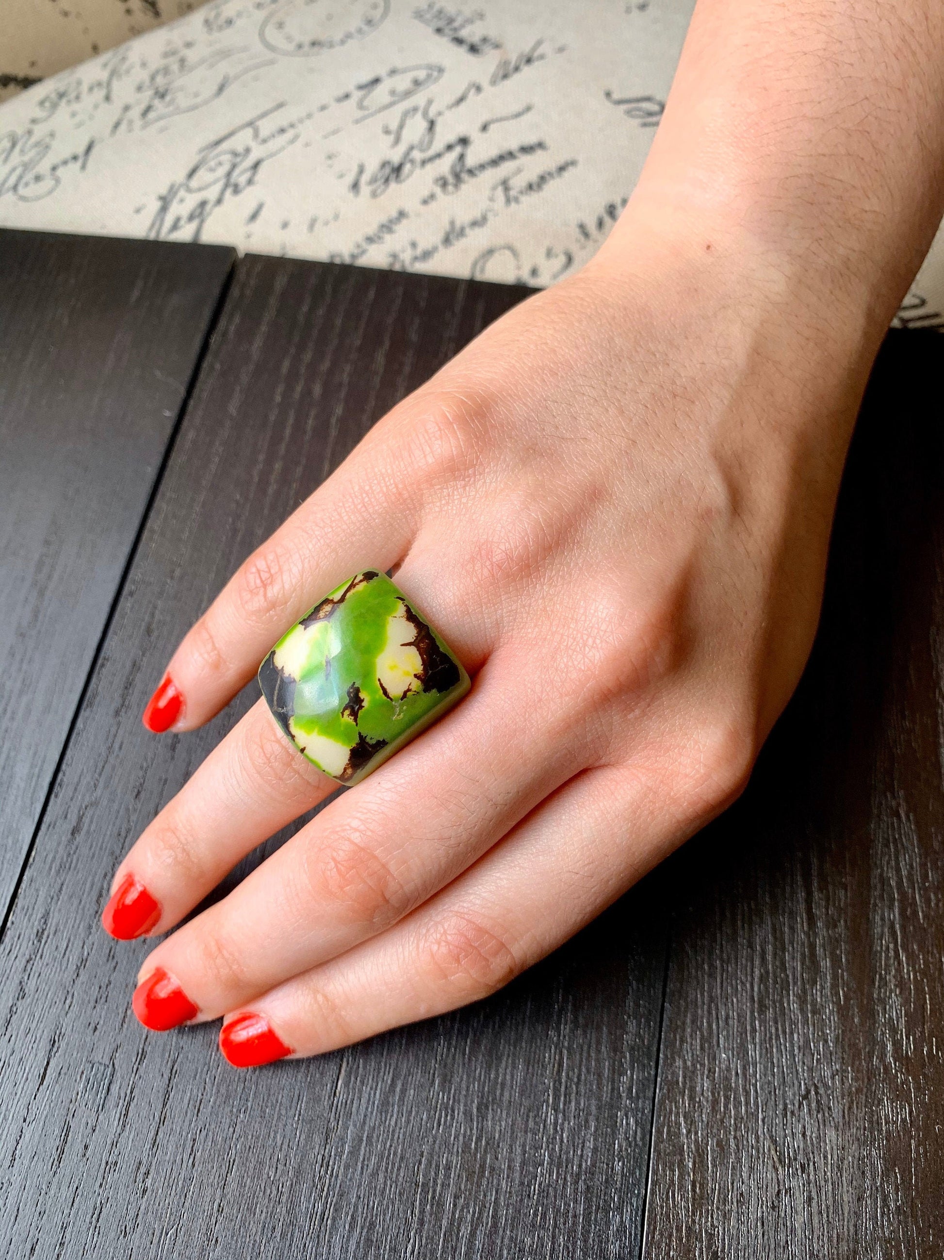 Green statement cocktail ring Tagua nut jewelry Big bold dramatic ring Beach wedding Anniversary gifts Huge oversized rings Artisan handmade