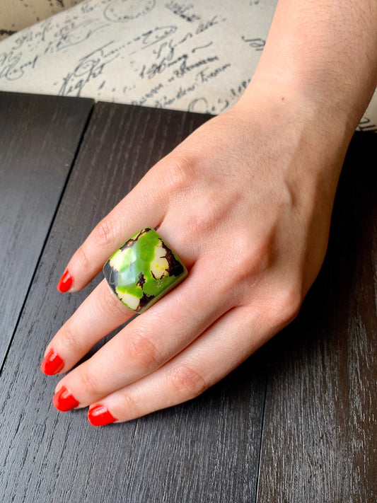 Green statement cocktail ring Tagua nut jewelry Big bold dramatic ring Beach wedding Anniversary gifts Huge oversized rings Artisan handmade