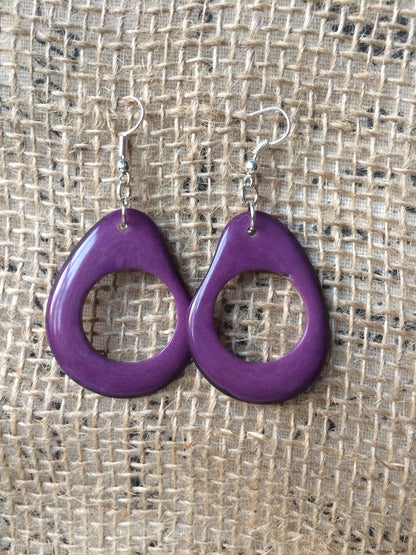 Big purple earrings Tagua jewelry Beaded hoops Unusual oversized jewelry Long drop earrings Mod large dangle earrings Statement earrings