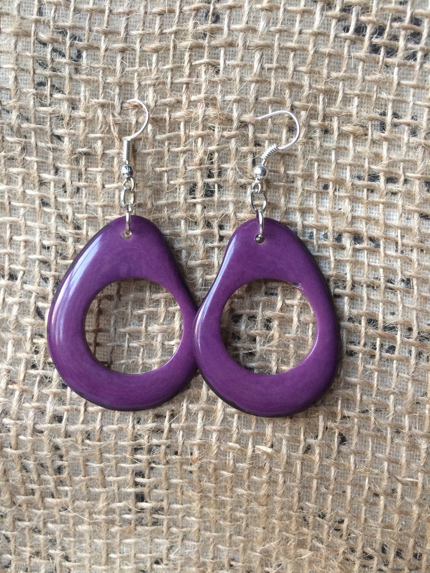 Big purple earrings Tagua jewelry Beaded hoops Unusual oversized jewelry Long drop earrings Mod large dangle earrings Statement earrings